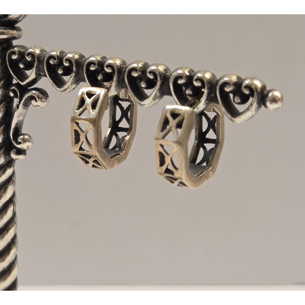 Bold Vintage Lattice Sterling Silver Hinge Hoop Earrings Octagon Shape